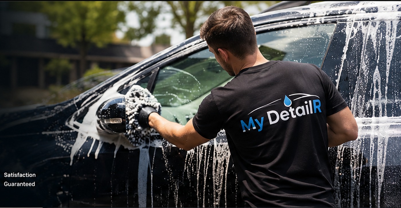 Detailer washing a car wearing a My DetailR shirt